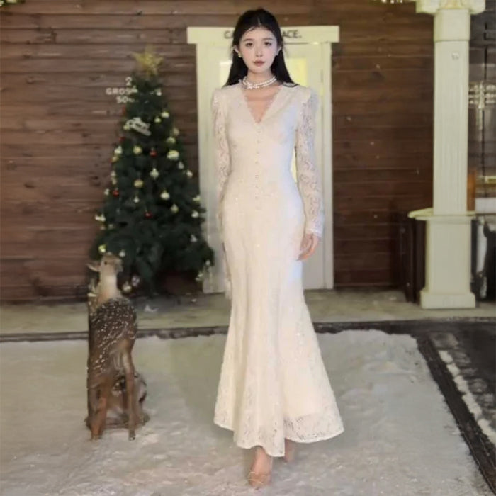 Vネックマーメイドレースワンピース