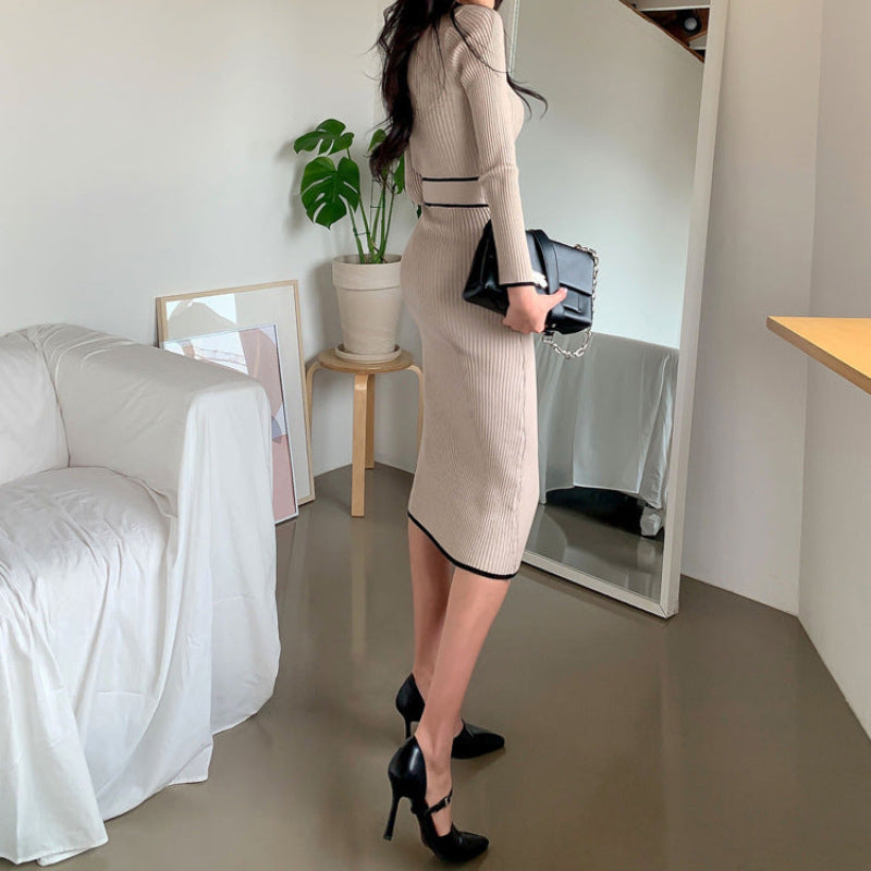 バイカラーラインミドルネックワンピース(2colors)