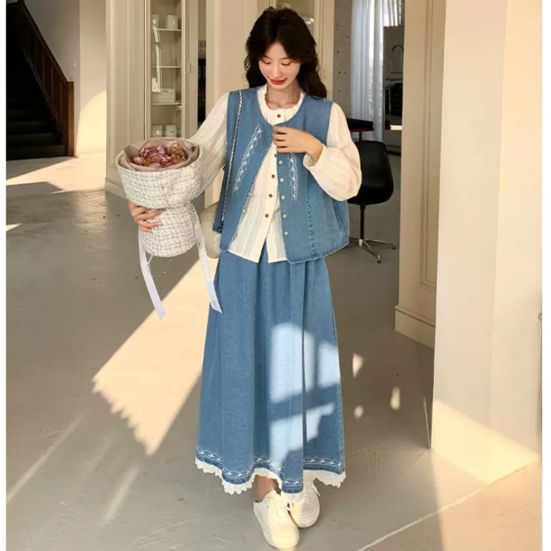 ホワイトブラウス×デニムベスト×スカートスリーピースセット
