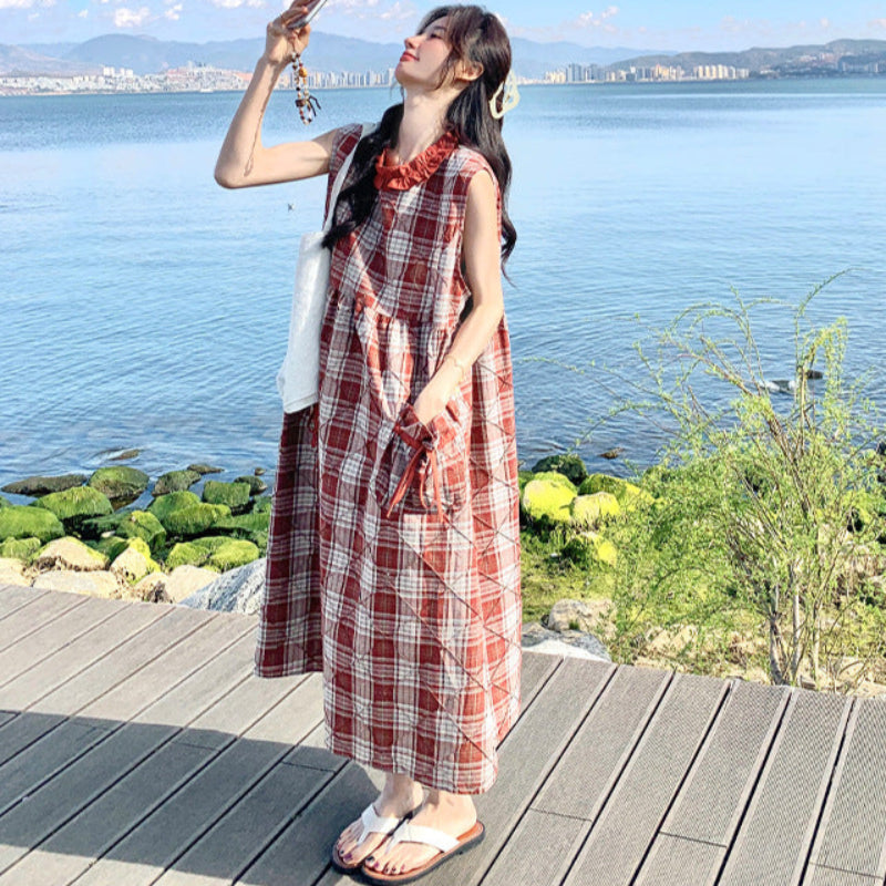 フリルカラーレトロチェックワンピース