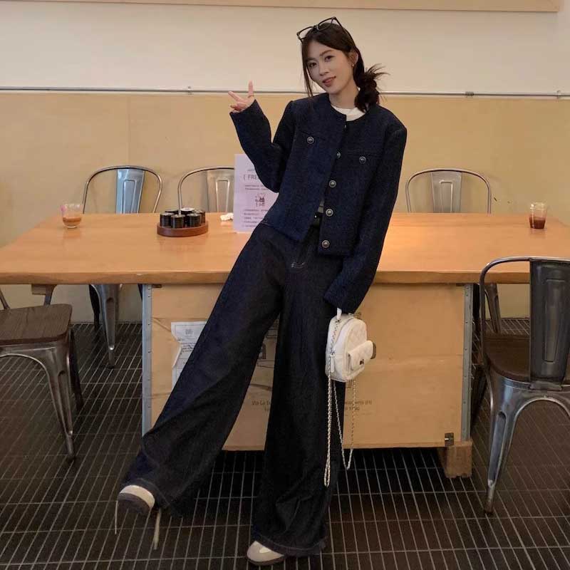 ノーカラーネイビーツイードジャケット