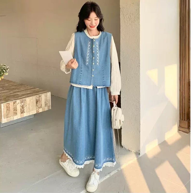 ホワイトブラウス×デニムベスト×スカートスリーピースセット