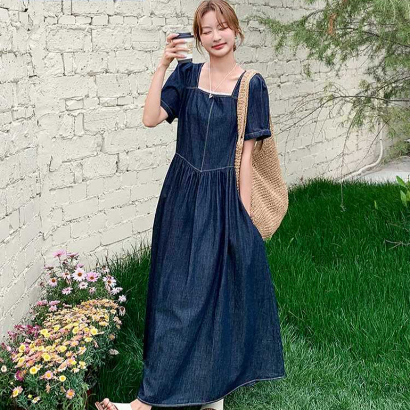 スクエアネックマキシ丈デニムワンピース