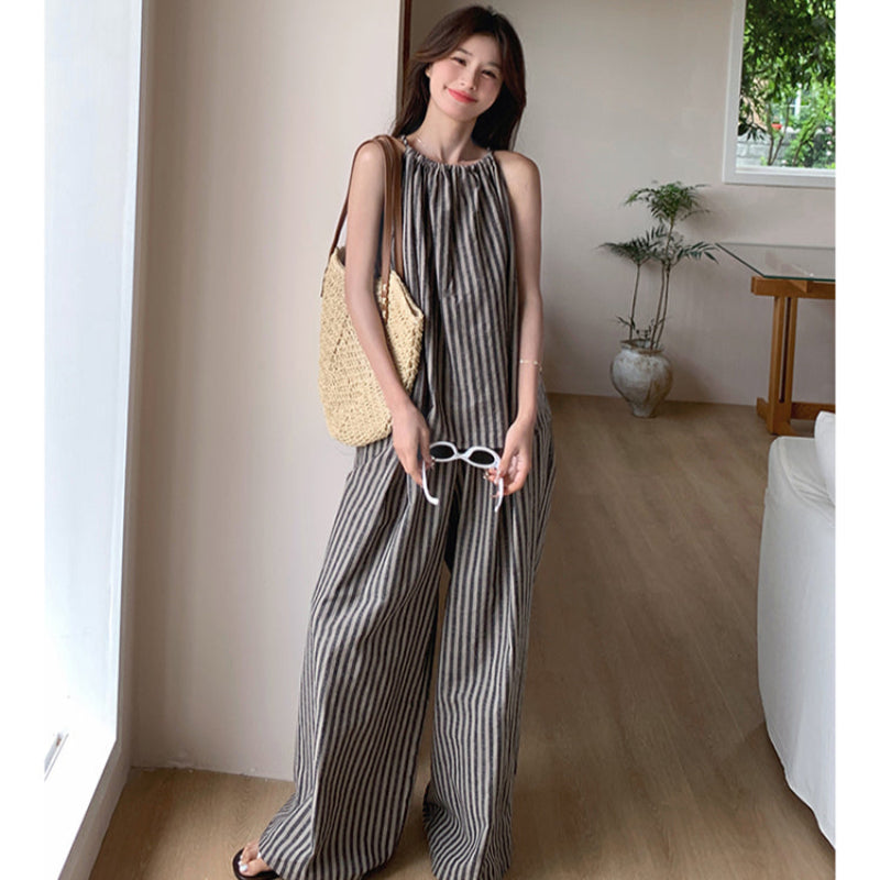 ストライプホルターネックトップス×パンツセット