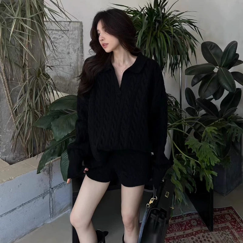 ケーブルニットショートパンツセットアップ