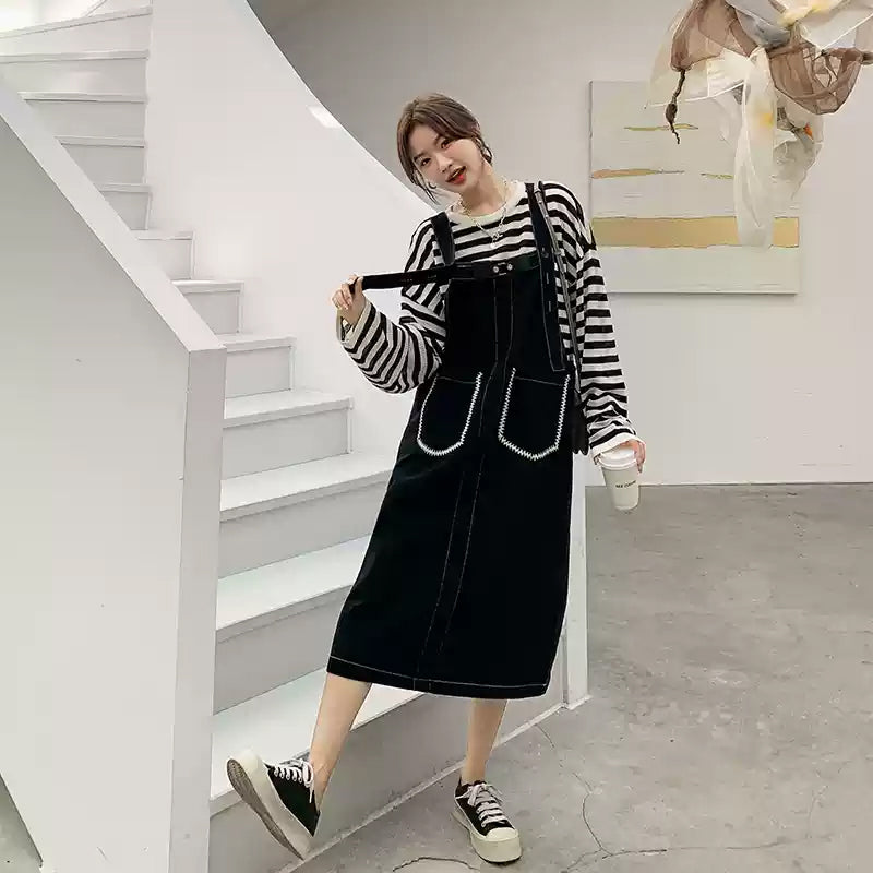 カジュアルボーダートップス×デニムサロペットワンピースセット