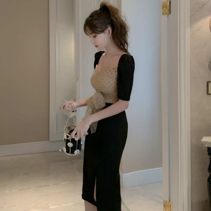 ドットチュールコンビスリットタイトワンピース