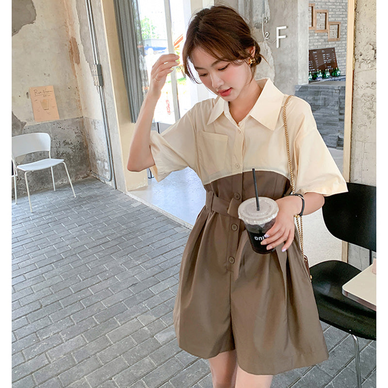 バイカラーウエストリボン ショートオールインワン