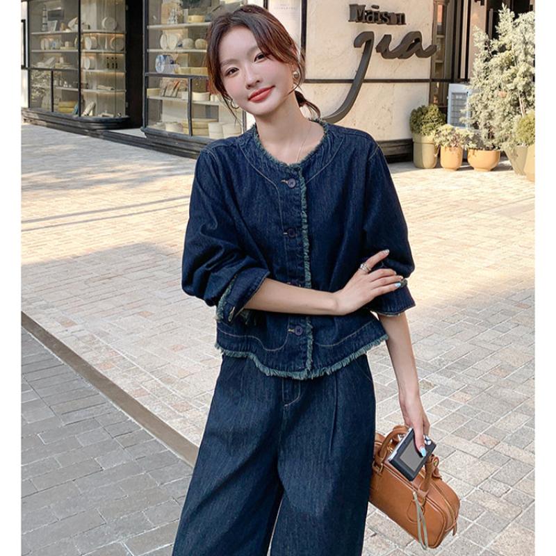 【即納】タッセルデニムジャケット×ワイドパンツセットアップ