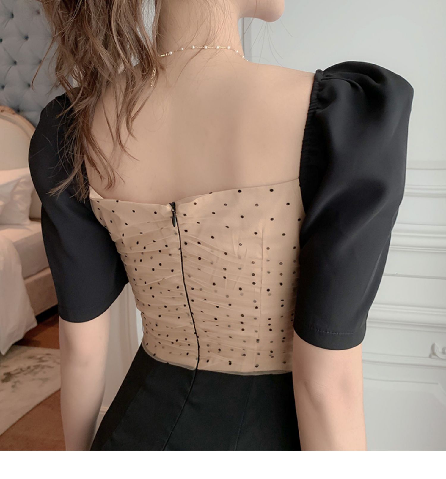 ドットチュールコンビスリットタイトワンピース