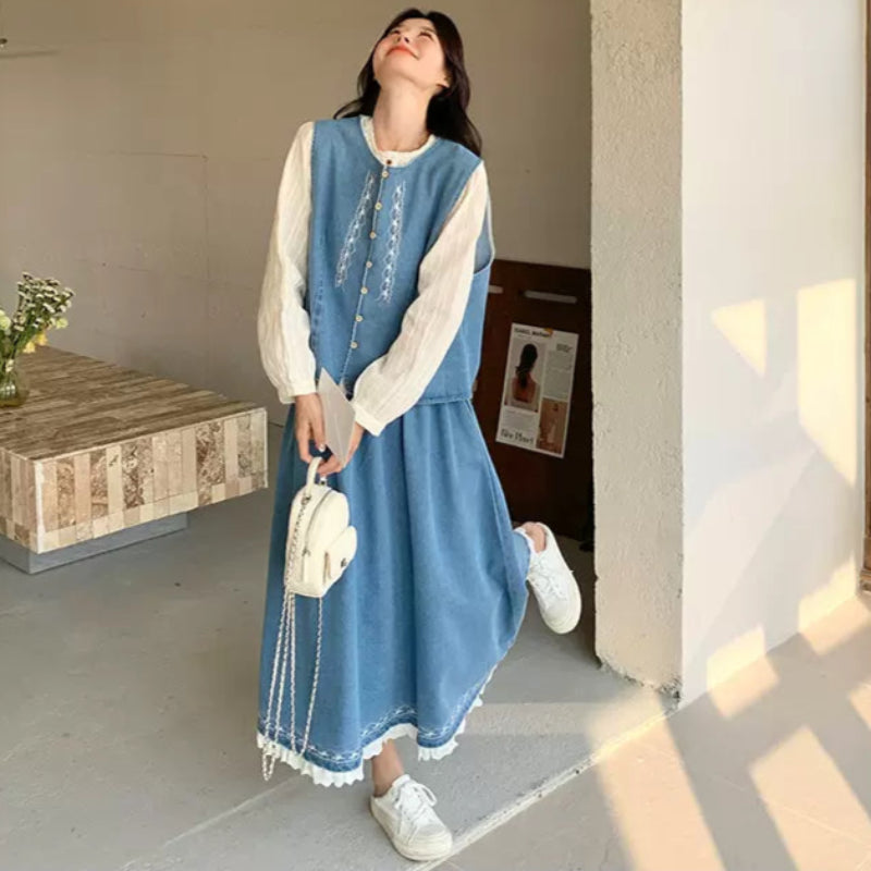 ホワイトブラウス×デニムベスト×スカートスリーピースセット