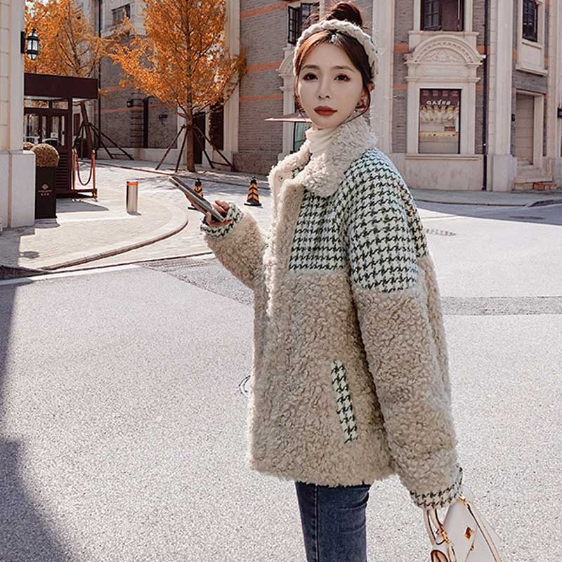 千鳥格子切り替えボアコート