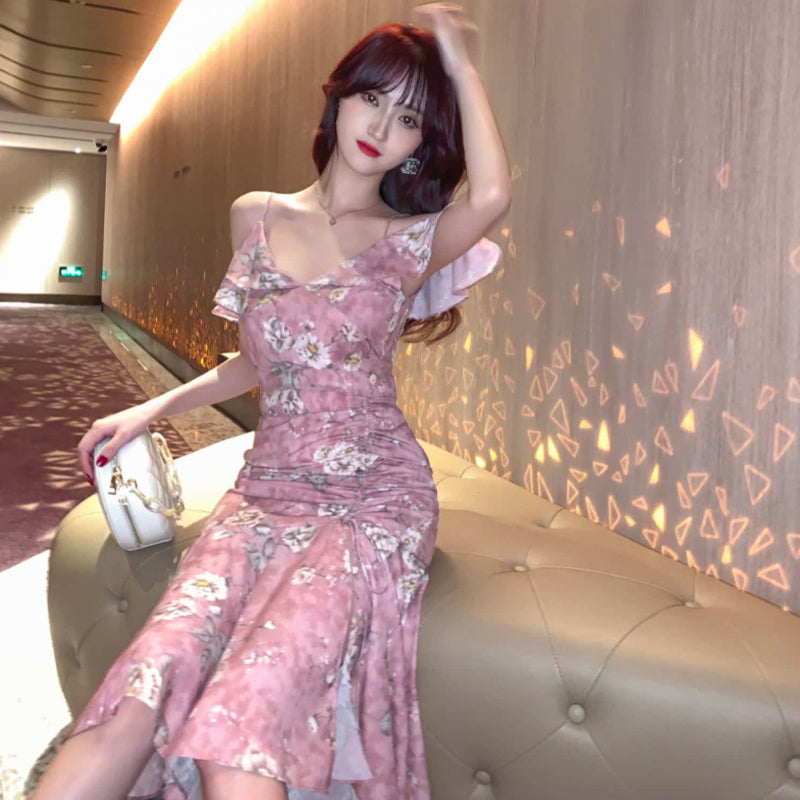 シフォンフラワープリントドレス