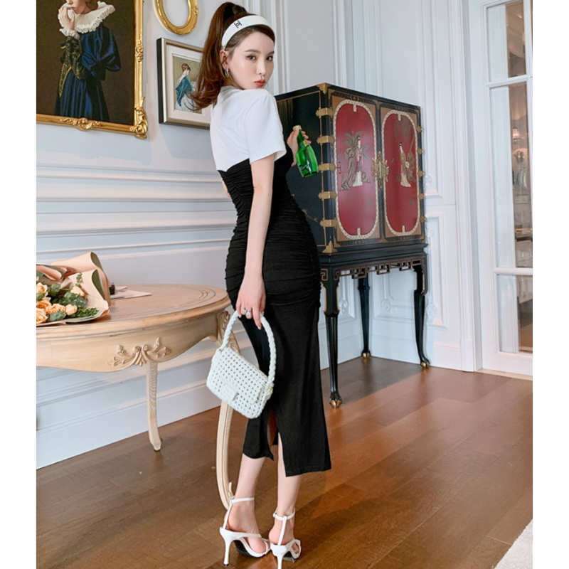 Tシャツコンビフロントギャザービスチェワンピース