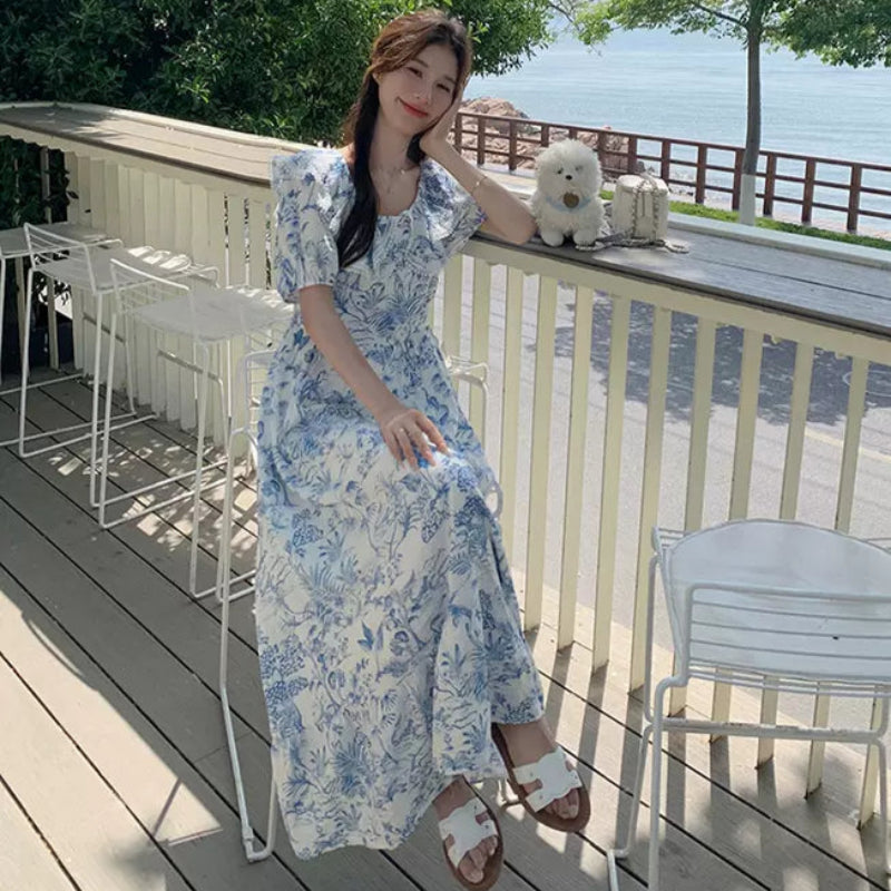 ラッフルカラーボタニカルプリントワンピ