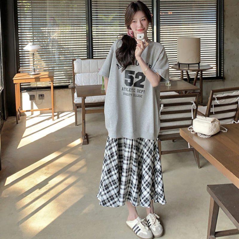 Tシャツ×チェックスカートドッキングワンピース