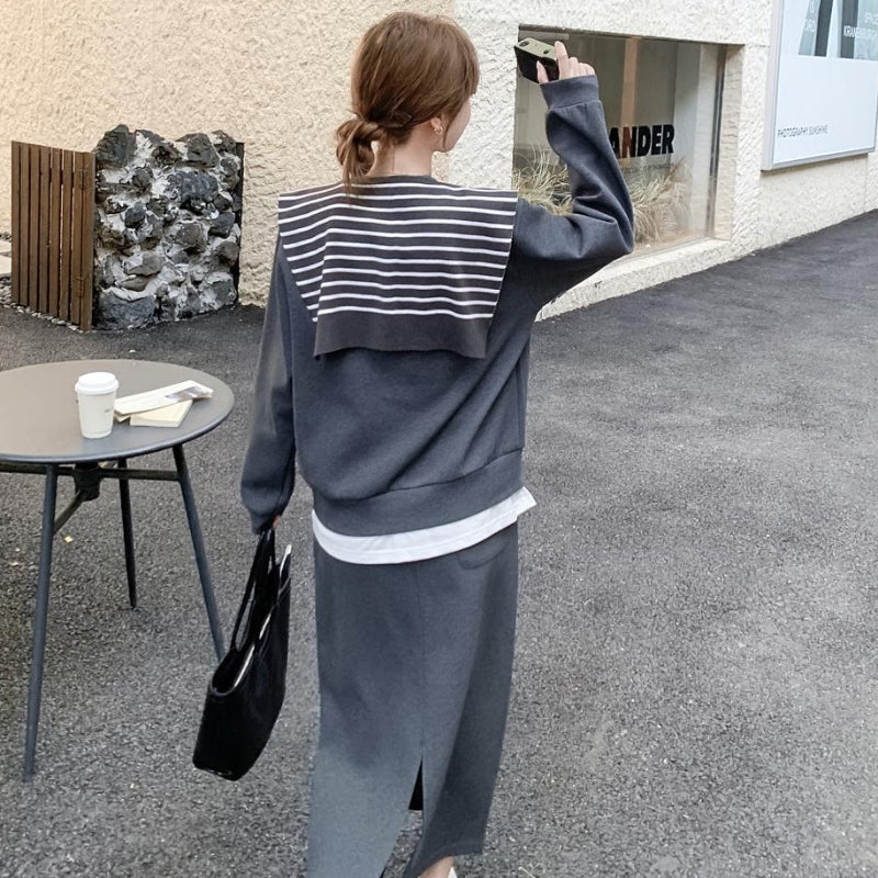 ボーダーショール付きスウェット×スカートセットアップ(2colors)