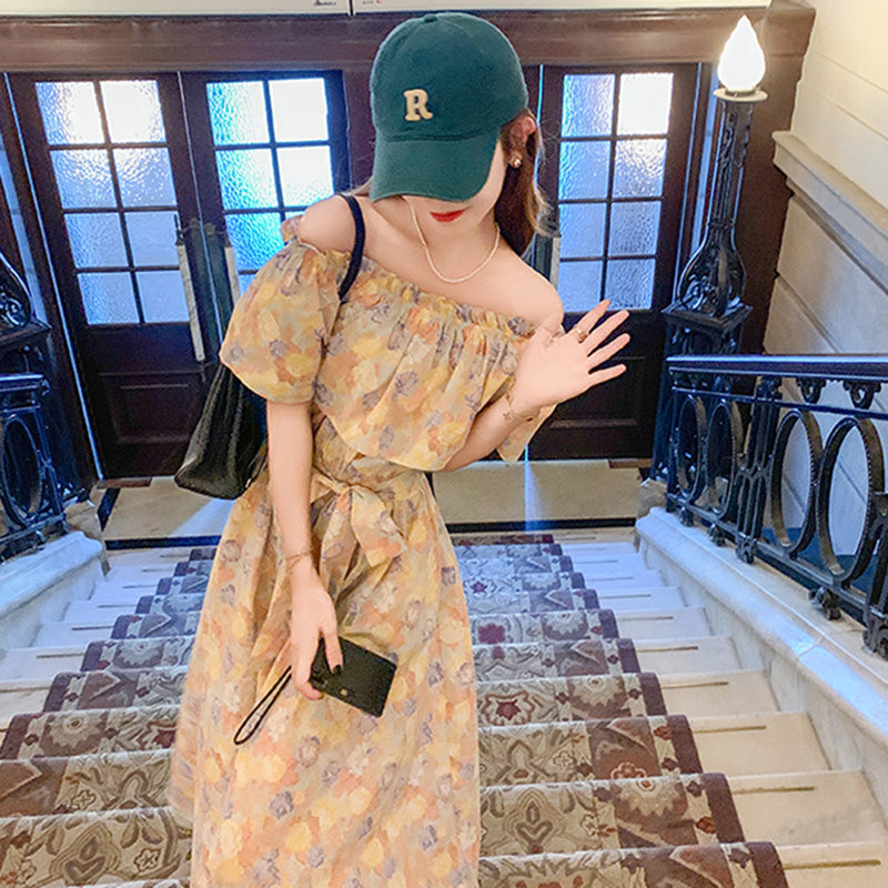 2wayオフショルダーフラワープリントワンピース