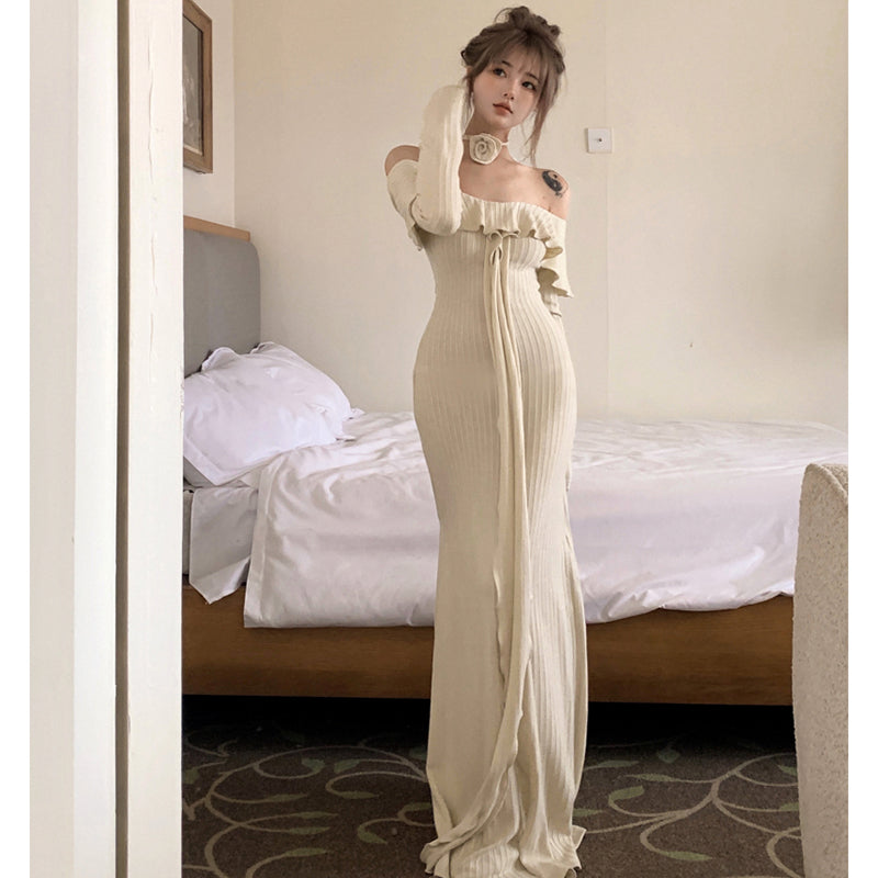 フェミニンオフショルダーリボンフリルスリットドレス