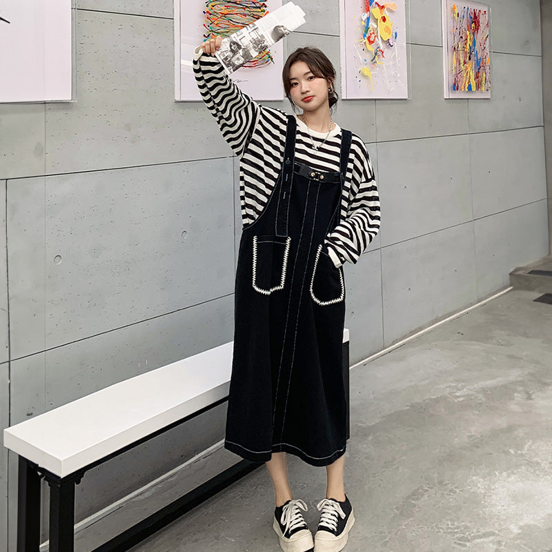 カジュアルボーダートップス×デニムサロペットワンピースセット