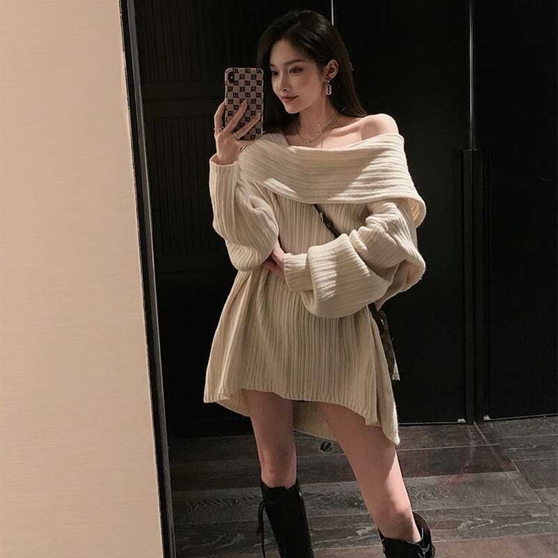 オフショルダーリラックスニットワンピース(2colors)