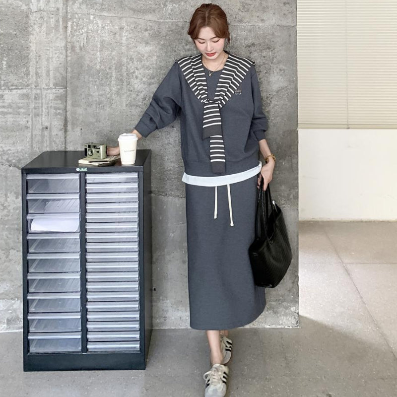 ボーダーショール付きスウェット×スカートセットアップ(2colors)