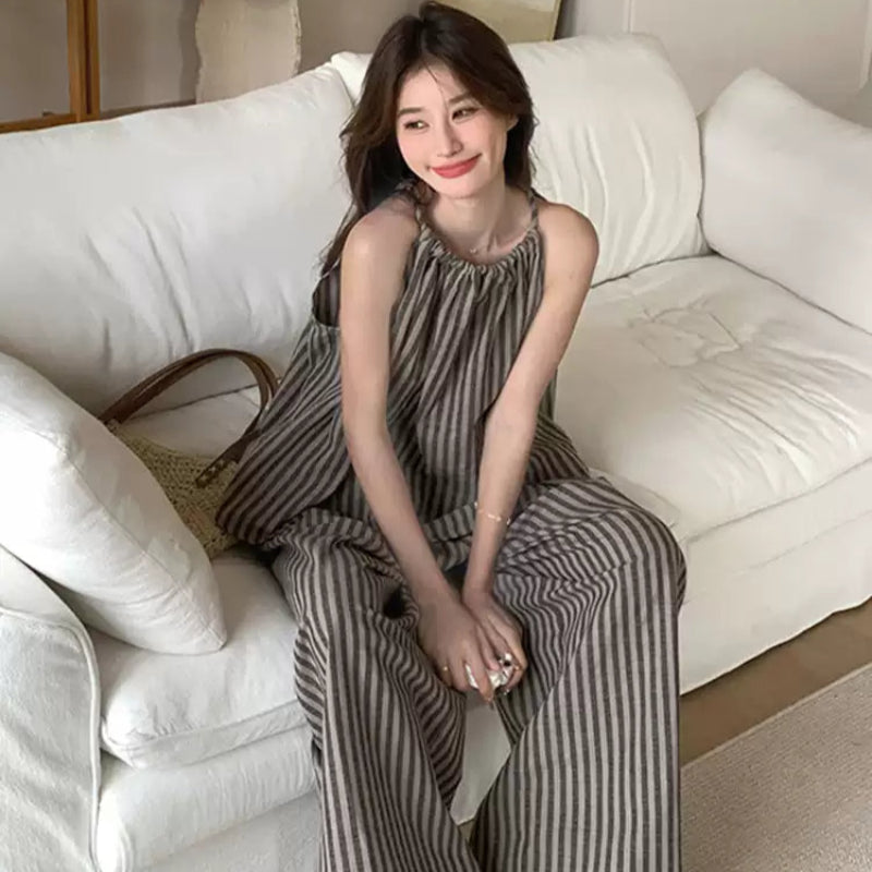 ストライプホルターネックトップス×パンツセット