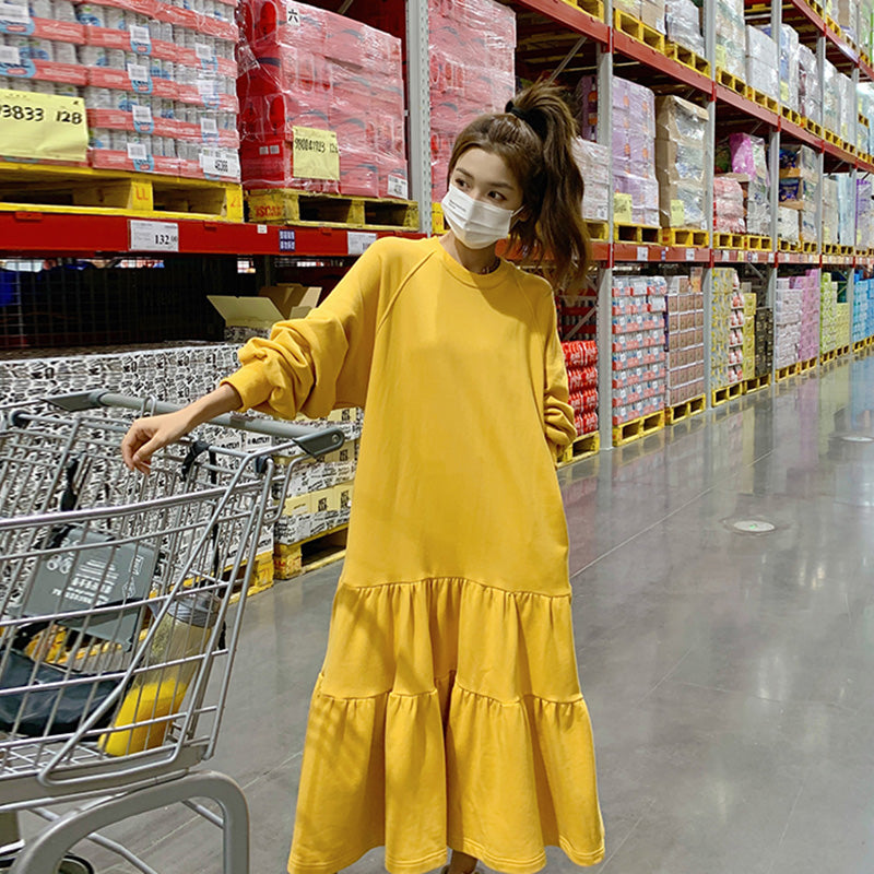 【即納】裾フリルスウェットワンピース(イエロー/M)