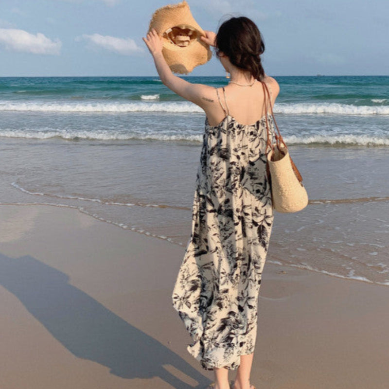 ダブルストラップボタニカルプリントワンピ