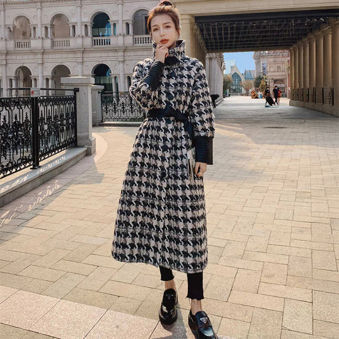 エコレザーコンビネーション千鳥格子柄ロングコート