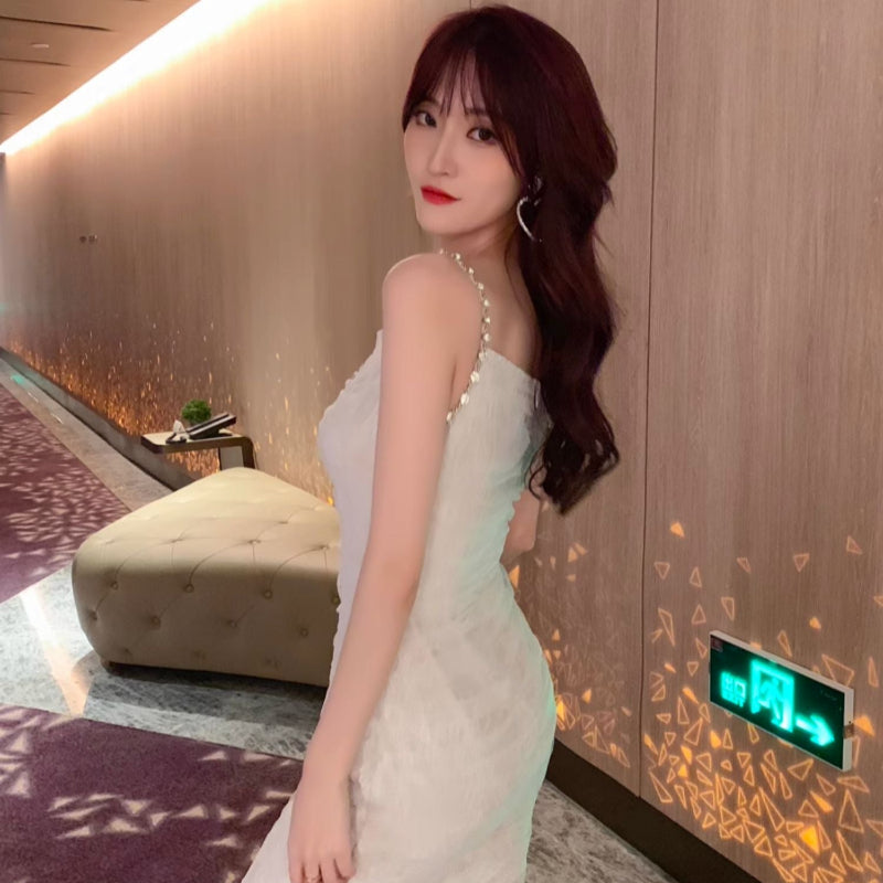 ラインストーンストラップチュールミニドレス(2colors)