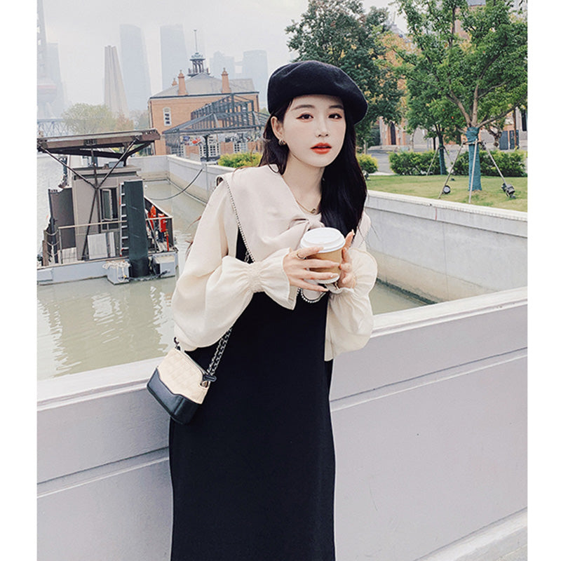 リボンディテールシアーパフスリーブワンピ