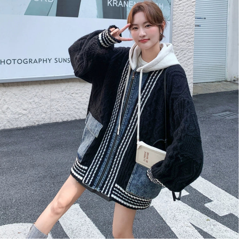 デニムパッチワークニットカーディガン