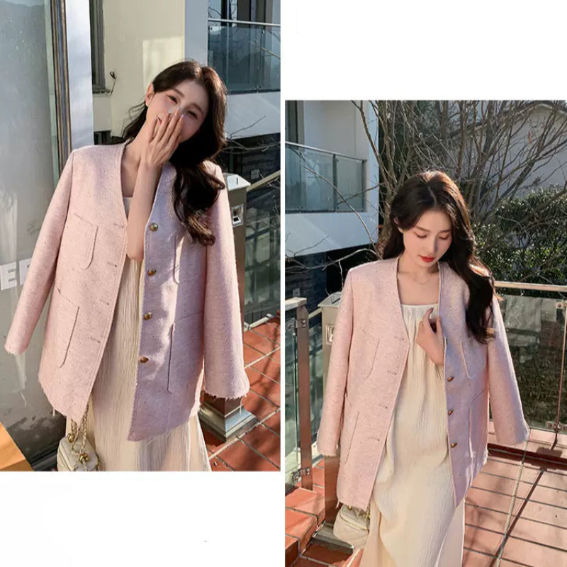 エレガントノーカラーツイードジャケット(3colors)