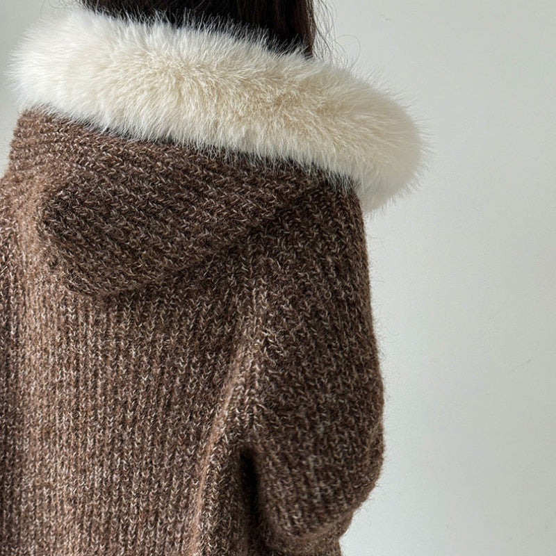 ファーフード付ニットカーディガン(2colors)