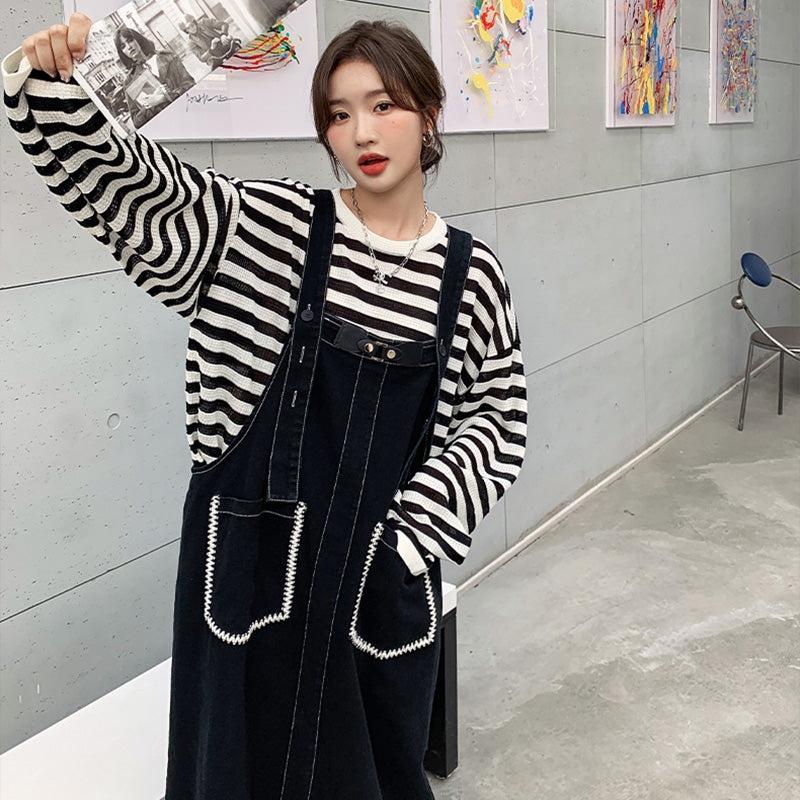 カジュアルボーダートップス×デニムサロペットワンピースセット