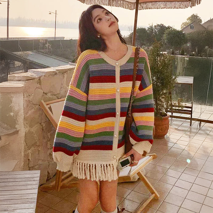 マルチボーダーフリンジカーディガン