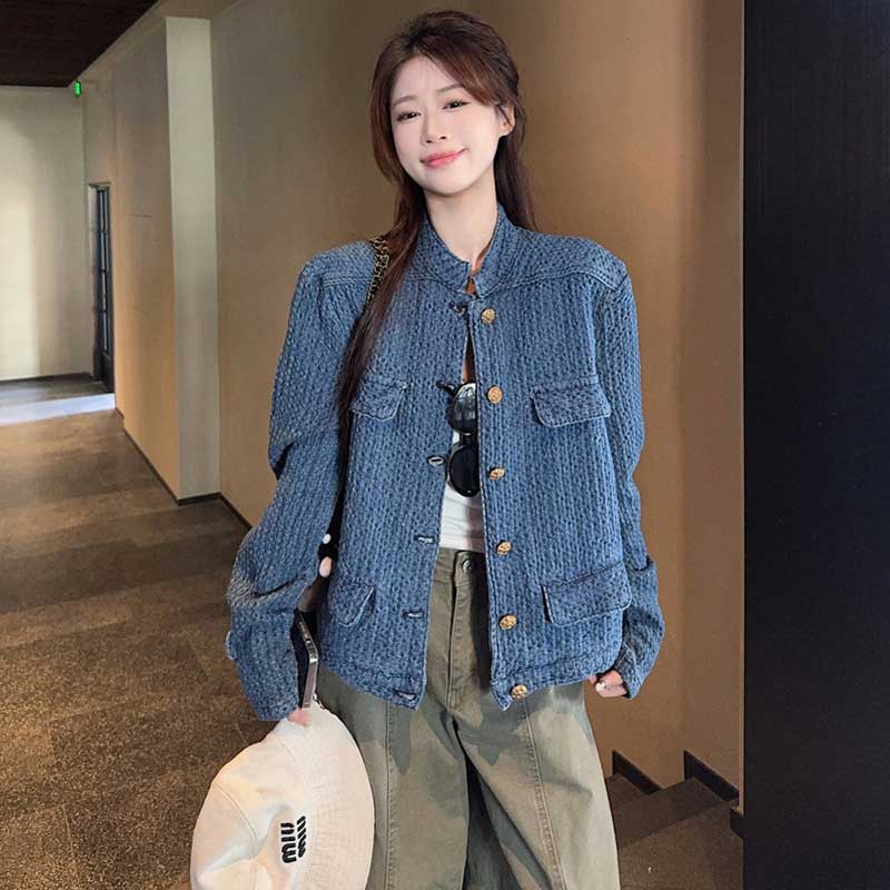 デニム風ノーカラージャケット