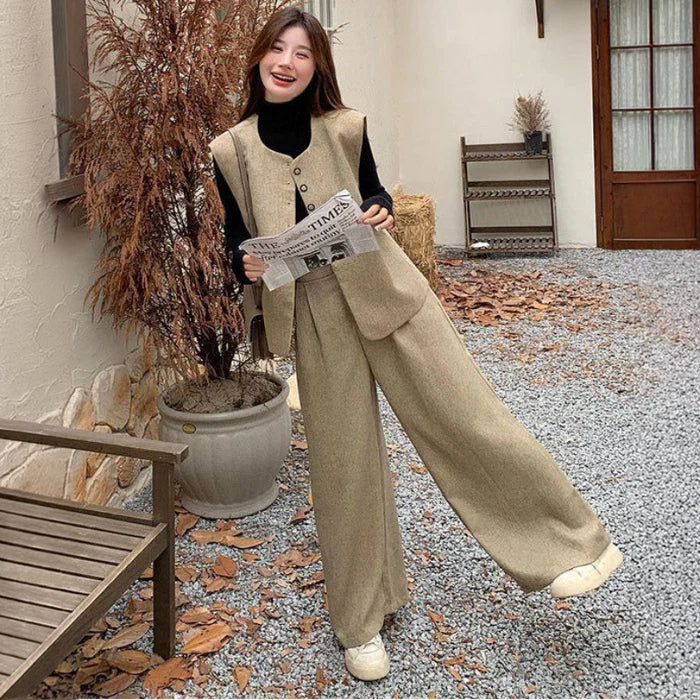 フロントボタンベスト×ワイドパンツセット