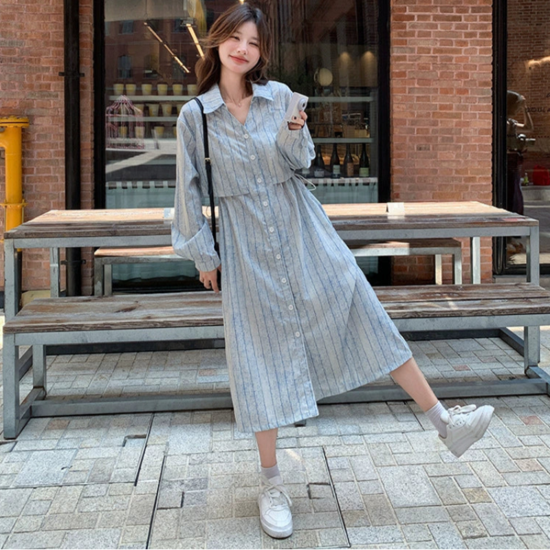 サイドドロストストライプシャツワンピース