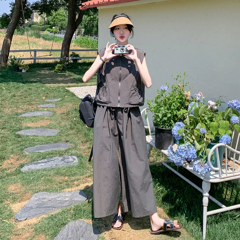 ノースリーブファスナートップス×ワイドレッグパンツセット