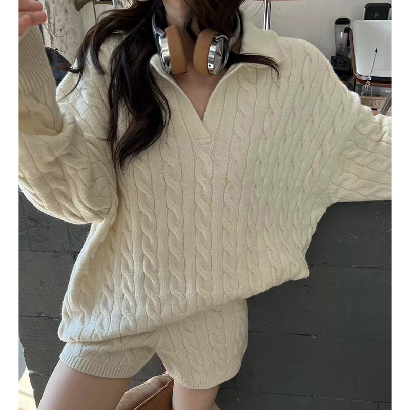 ケーブルニットショートパンツセットアップ