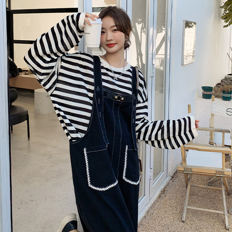 カジュアルボーダートップス×デニムサロペットワンピースセット