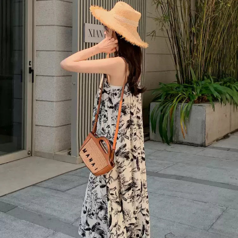 ダブルストラップボタニカルプリントワンピ