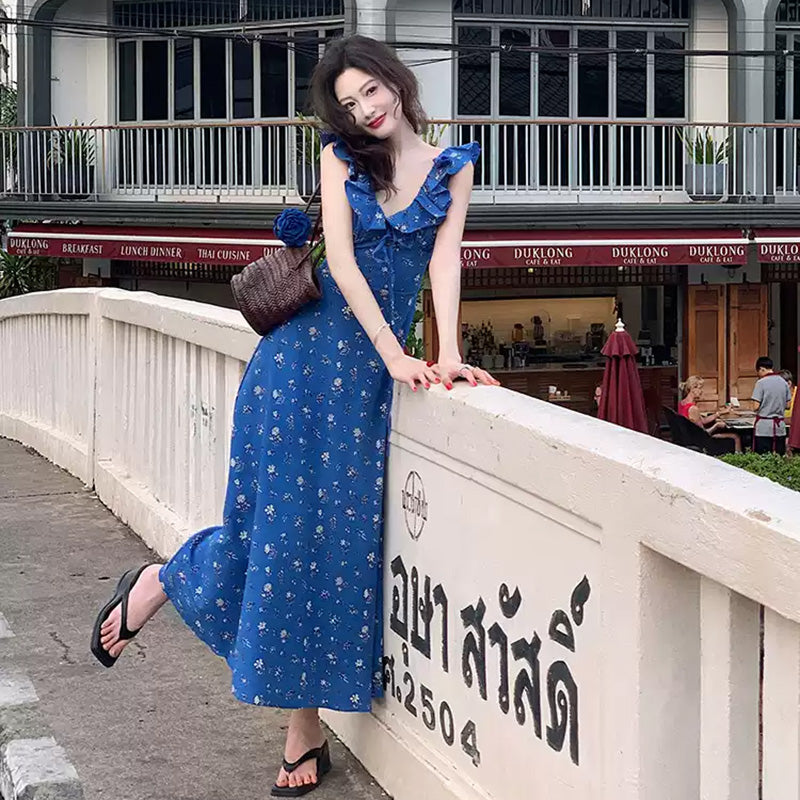 Vネックフリル花柄ロングワンピース