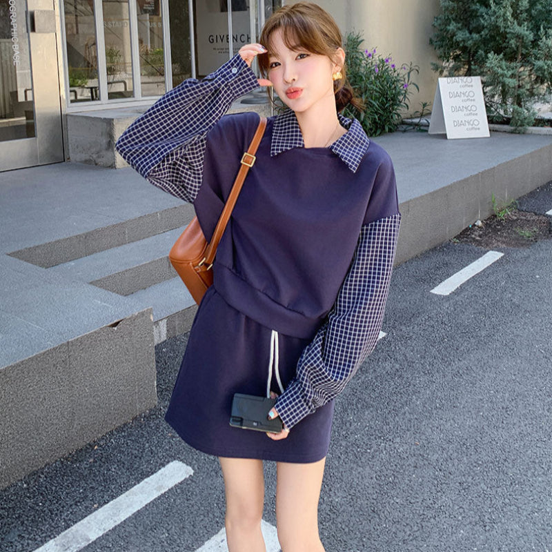 ブルーチェックレイヤードスウェットスカートセット