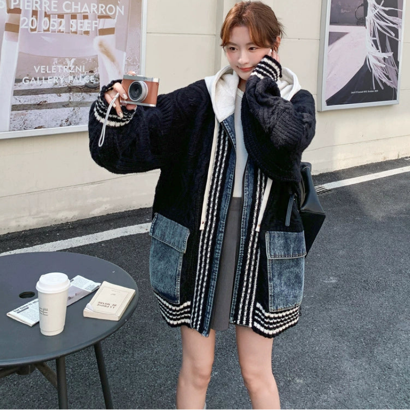 デニムパッチワークニットカーディガン