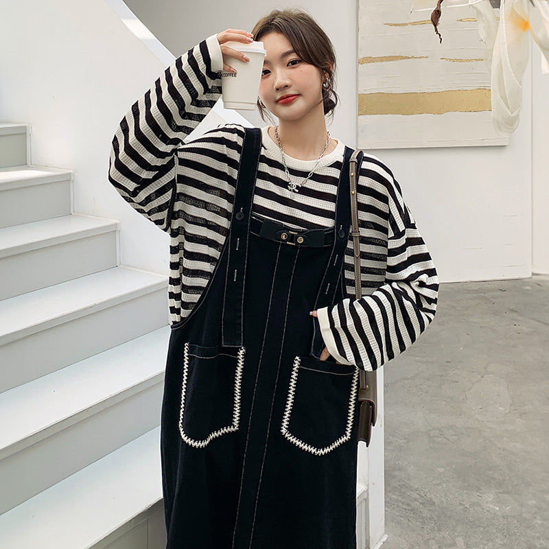 カジュアルボーダートップス×デニムサロペットワンピースセット