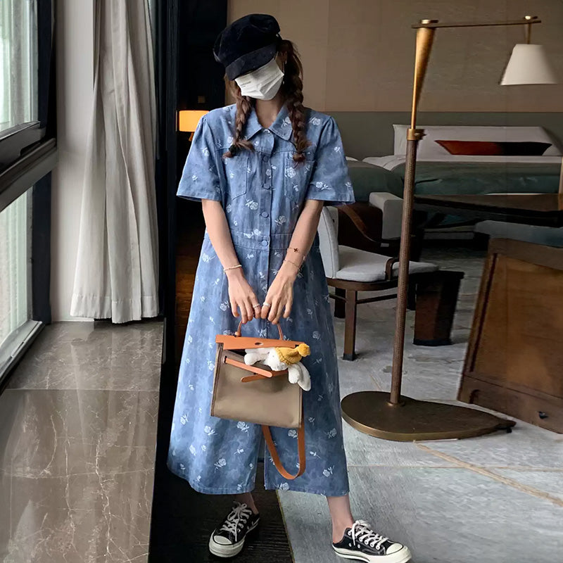 ローズプリントデニム調シャツワンピース