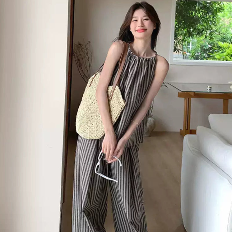 ストライプホルターネックトップス×パンツセット